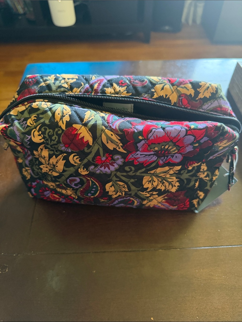 Vera Bradley Quilted Cosmetic Pouch in Black with Red, Gold & Green Floral Print